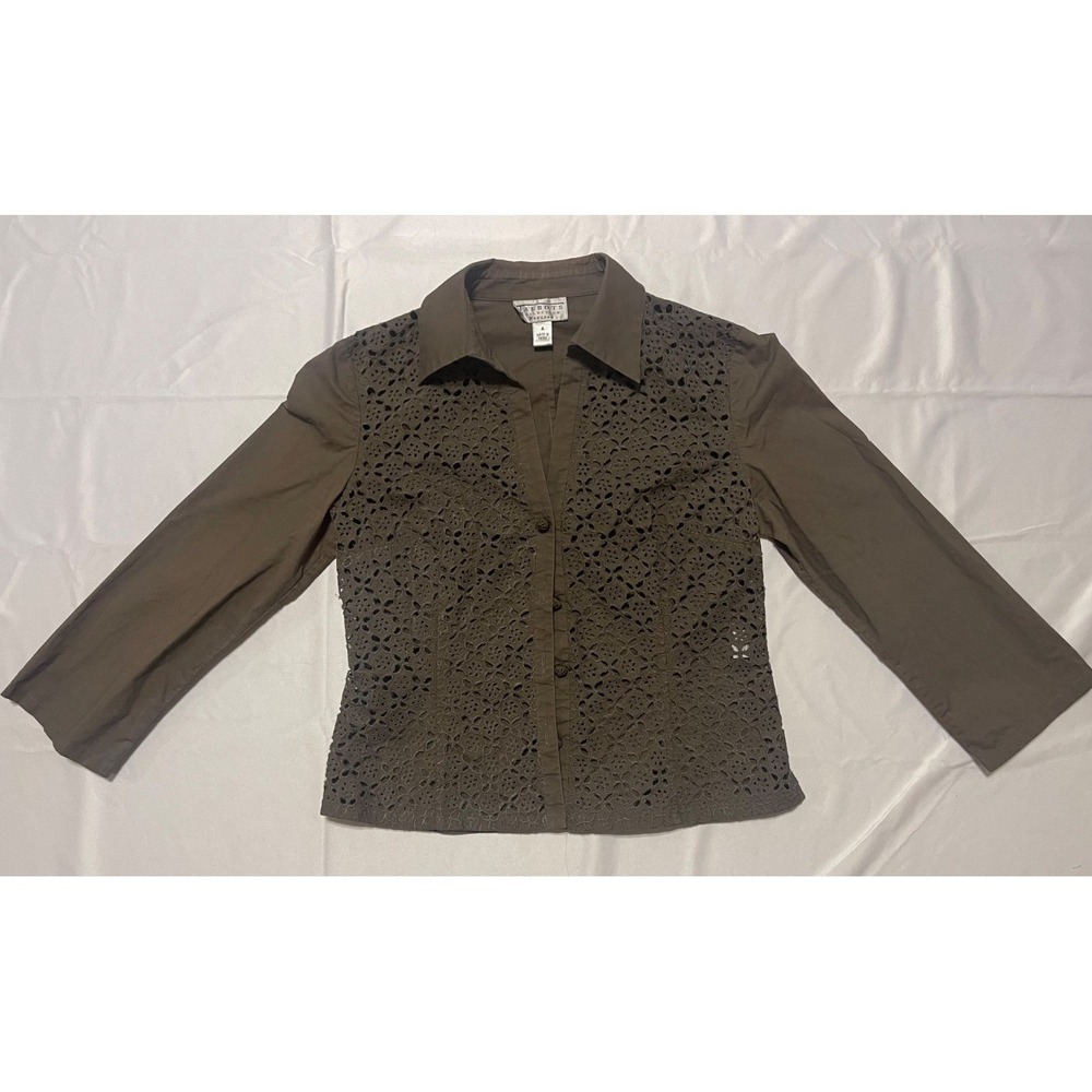 Talbots Collection Brown 3/4 Sleeve Eyelet Button Down Shirt Top - Women's 4